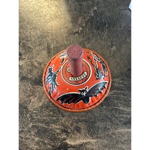 Vintage Halloween Tin Toy Kirchhof Bell Noise Maker Wood Handle Bat Cat Witches